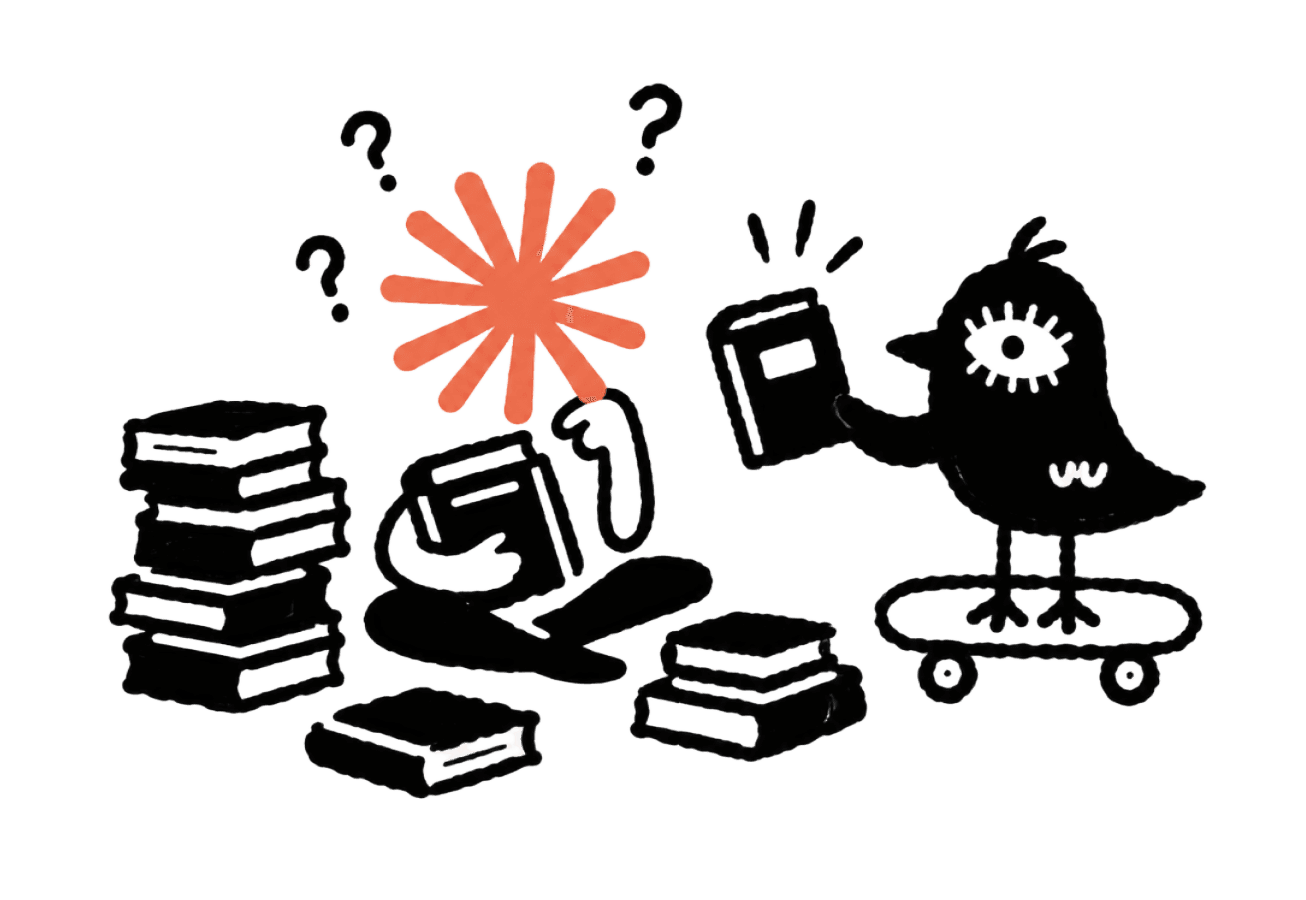 Illustration: a person buried in books, puzzled, while the OttO bird on a skateboard hands over exactly the right book